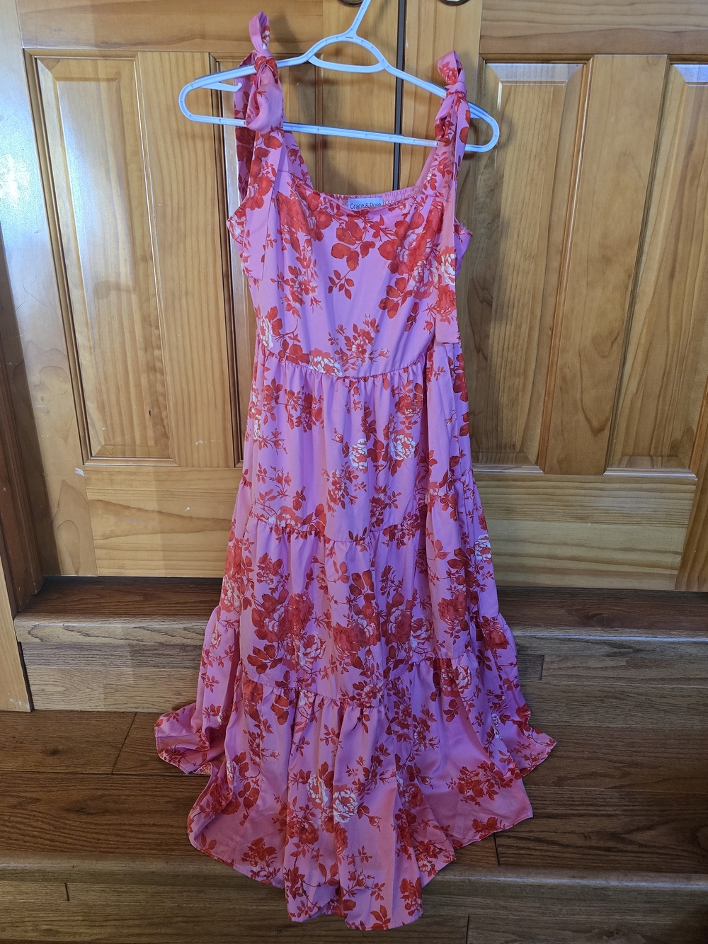 Sleeveless Pink Floral Tie-Shoulder Maxi Dress